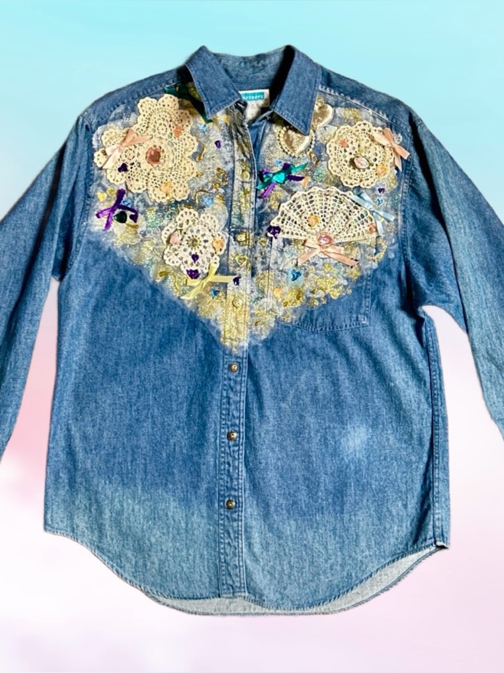 Mervyn’s Partners ~ Size 8 ~ Multi-Colors ~ Glitter/ Crochet/ Beaded Denim Shirt